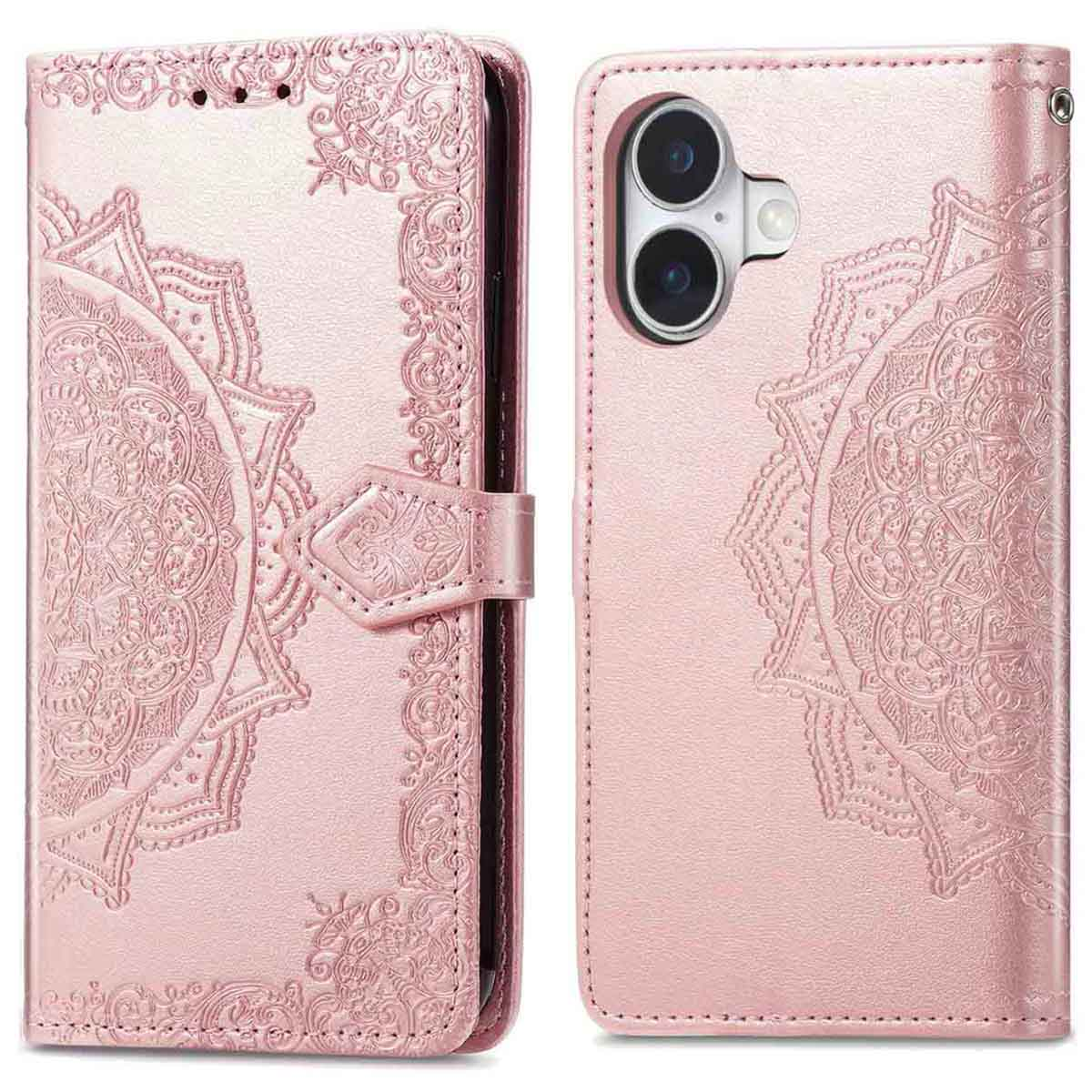 Étui de téléphone rose avec un motif mandala. L'étui est ouvert, révélant l'appareil photo du téléphone. L'étui a une fermeture magnétique.