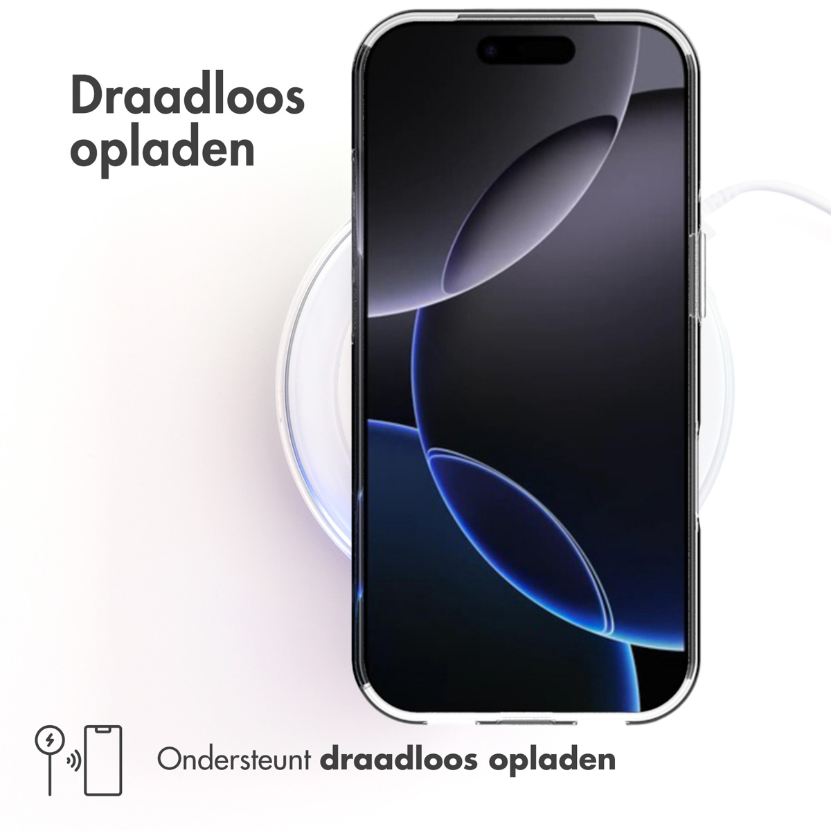 Un smartphone se recharge sans fil. Le téléphone est sur un socle de charge. Textes: "Chargement sans fil" et "Prend en charge la recharge sans fil".