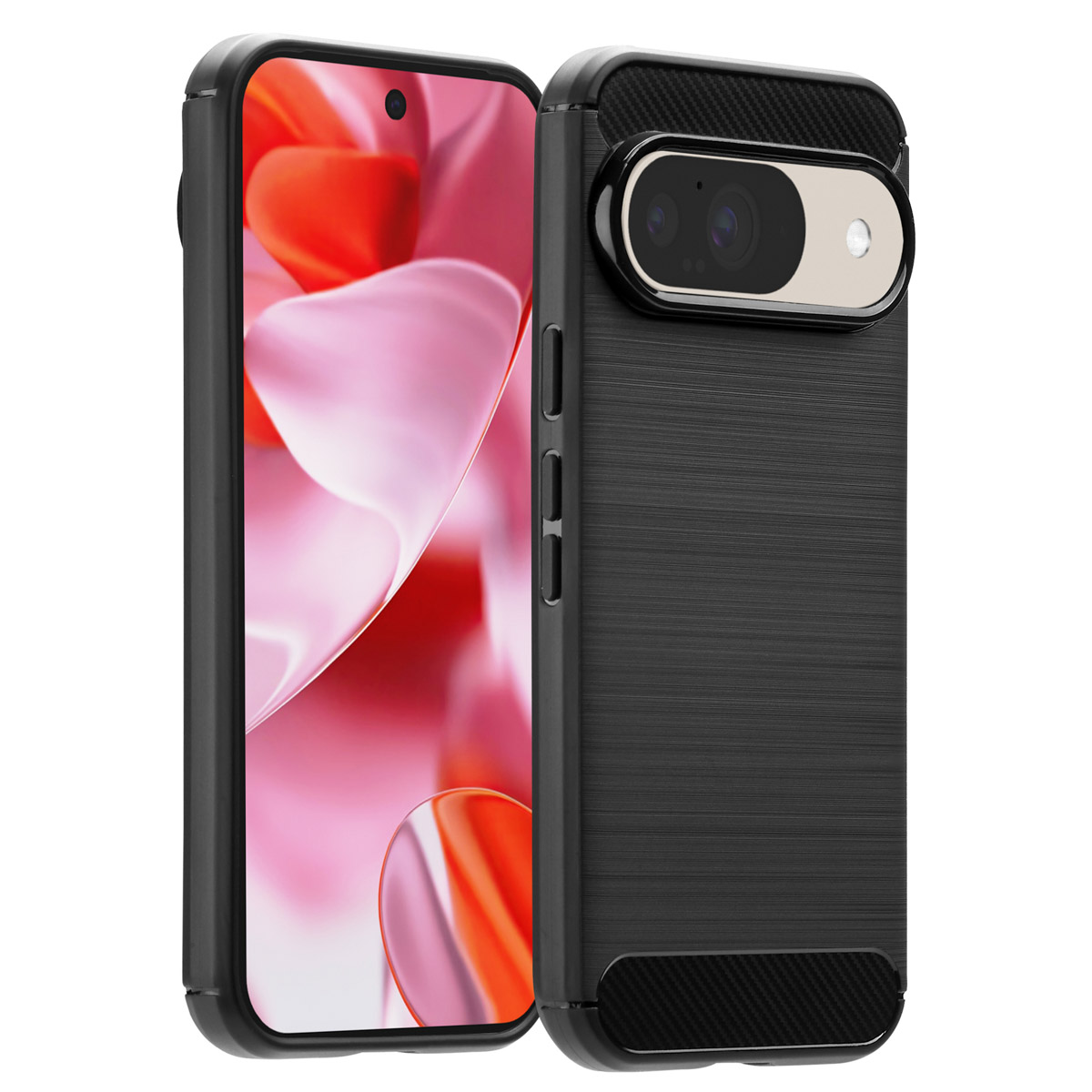 Custodia nera per telefono con modulo fotocamera nero e argento. Lo schermo mostra un design astratto rosso e rosa.