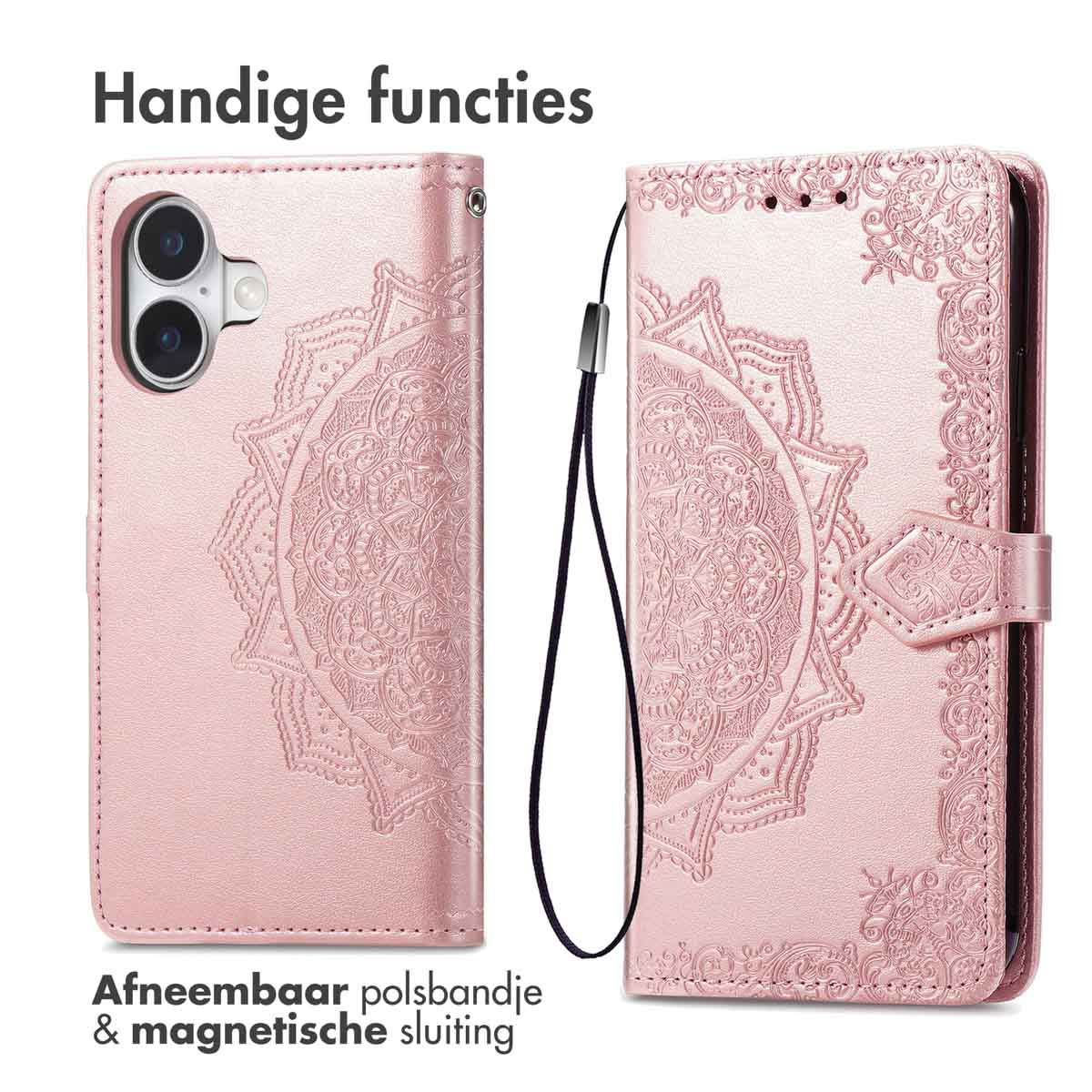Étui de téléphone rose avec motif mandala, dragonne amovible et fermeture magnétique. Texte : "Handige functies" et "Afneembaar polsbandje".