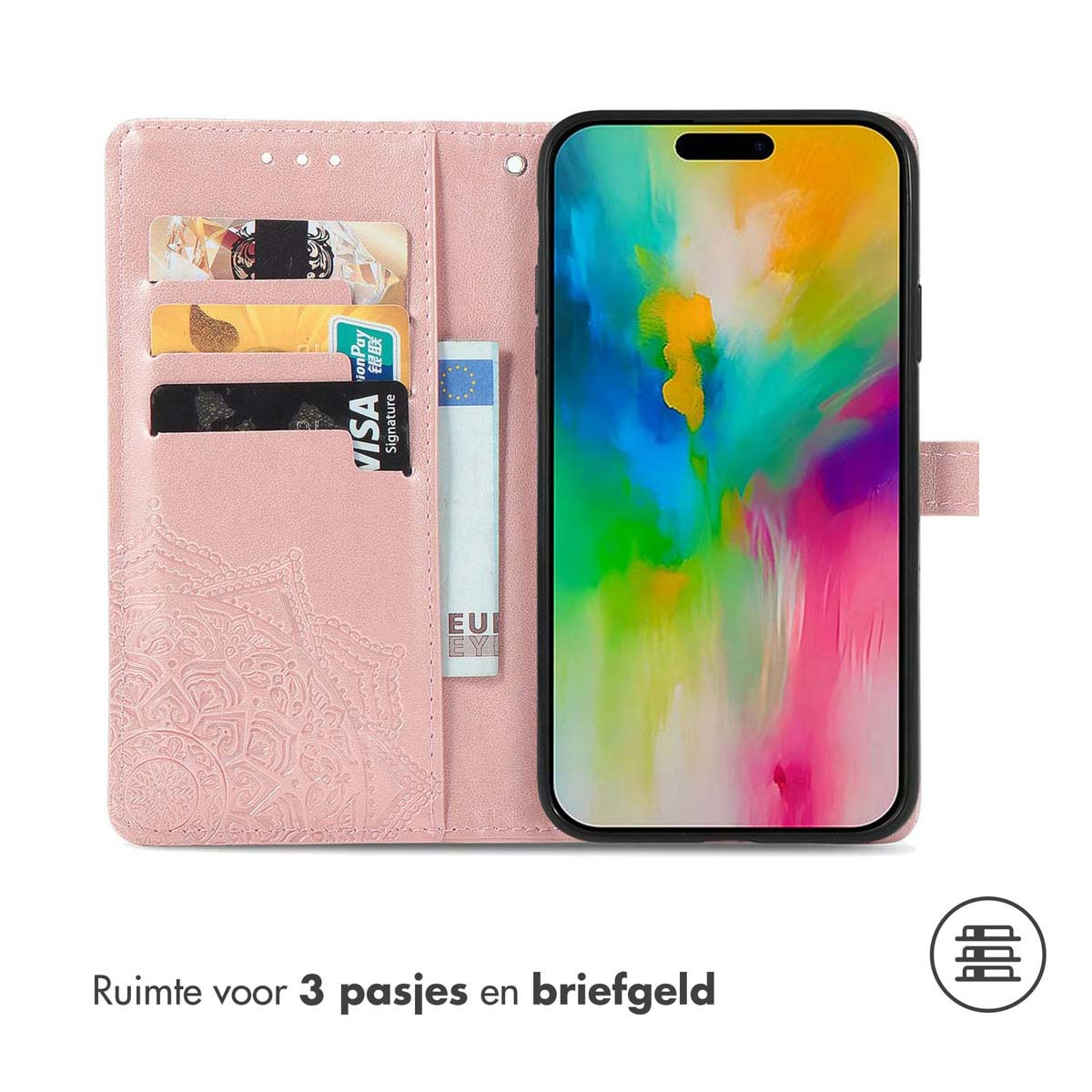 Étui de téléphone rose avec smartphone. L'étui a des fentes pour cartes et contient cartes et argent. L'écran affiche art abstrait coloré.