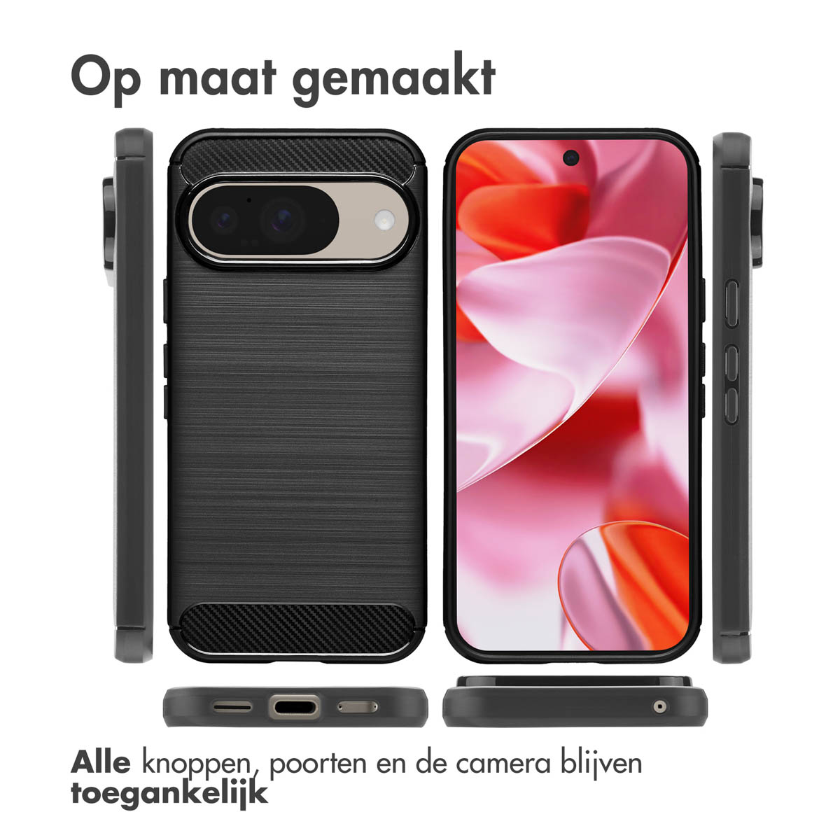 Una custodia per telefono che mostra un telefono. La custodia è nera e mostra la fotocamera e i pulsanti del telefono. Testo: 'Su misura'.