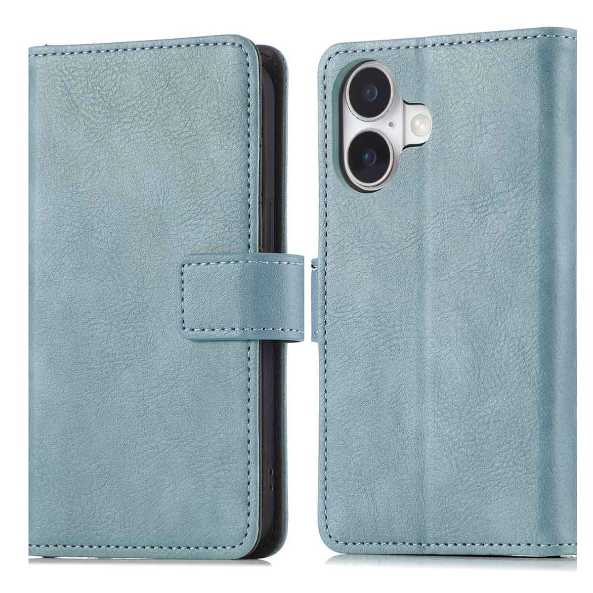 Een lichtblauwe leren telefoonhoes, open, met de cameralenzen zichtbaar. De hoes heeft een magnetische band en stikseldetails.