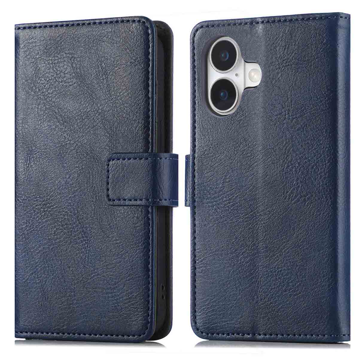 Un étui de téléphone en cuir bleu foncé, ouvert. Le côté gauche a un rabat avec fermeture magnétique. Le côté droit révèle le téléphone.