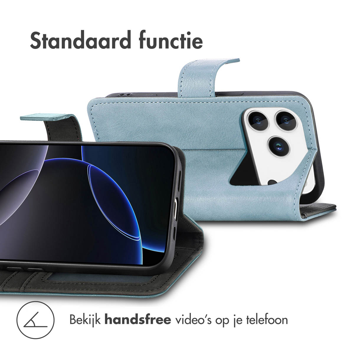 Een blauwe telefoonhoes met twee telefoons erin. Een telefoon toont een blauw-zwarte gradiënt. Tekst: 'Standaard functie'.