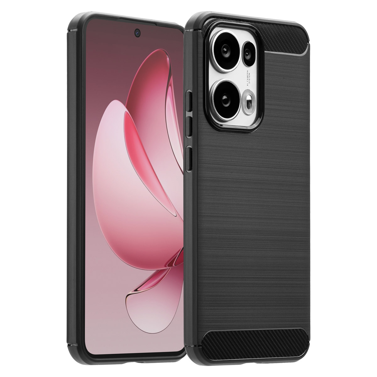 Een smartphone met een roze scherm staat naast een zwarte telefoonhoes met een cameramodule en koolstofvezel details.