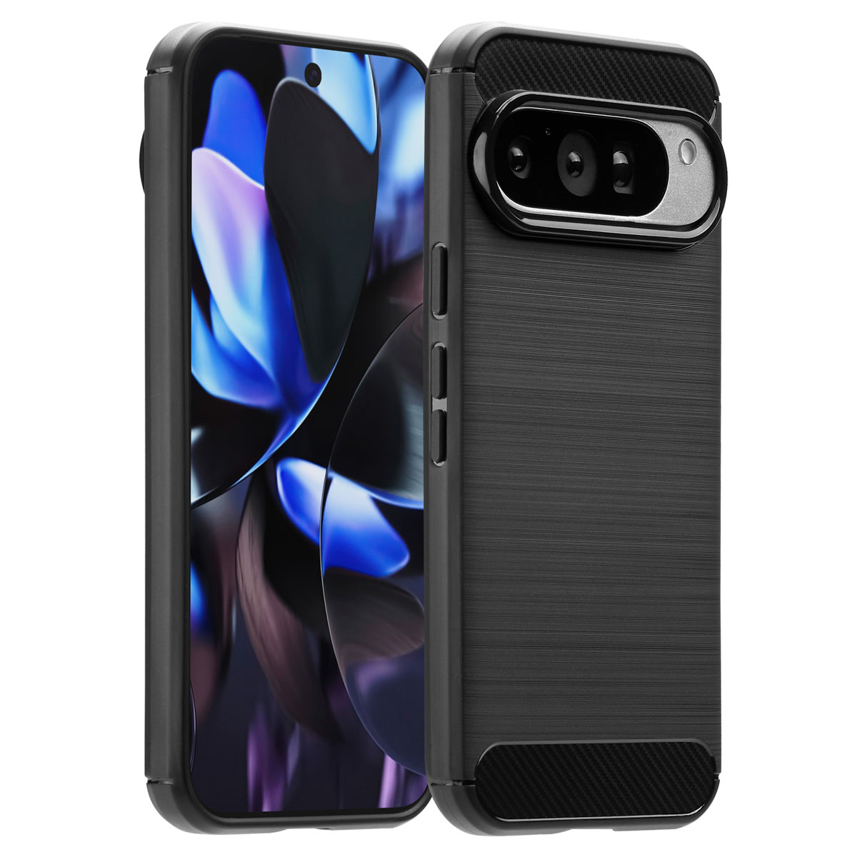 Un telefono nero con custodia è mostrato. Lo schermo del telefono mostra un design astratto blu e viola.