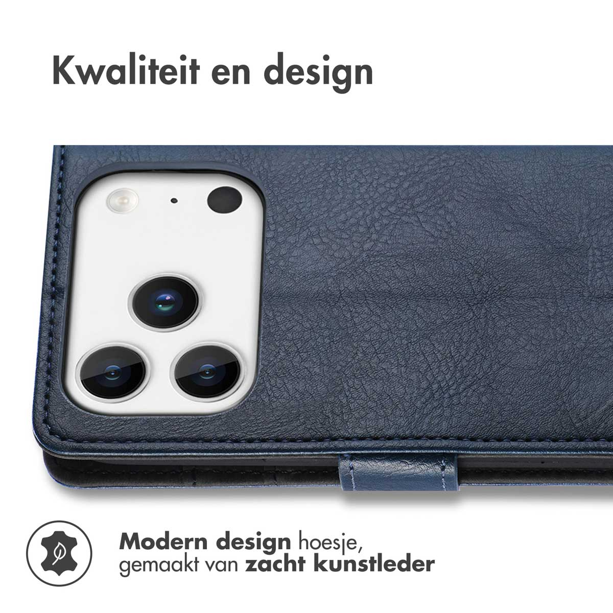 Custodia per telefono dal design moderno in pelle blu. Fotocamera e flash del telefono visibili. Testo: Qualità e design.