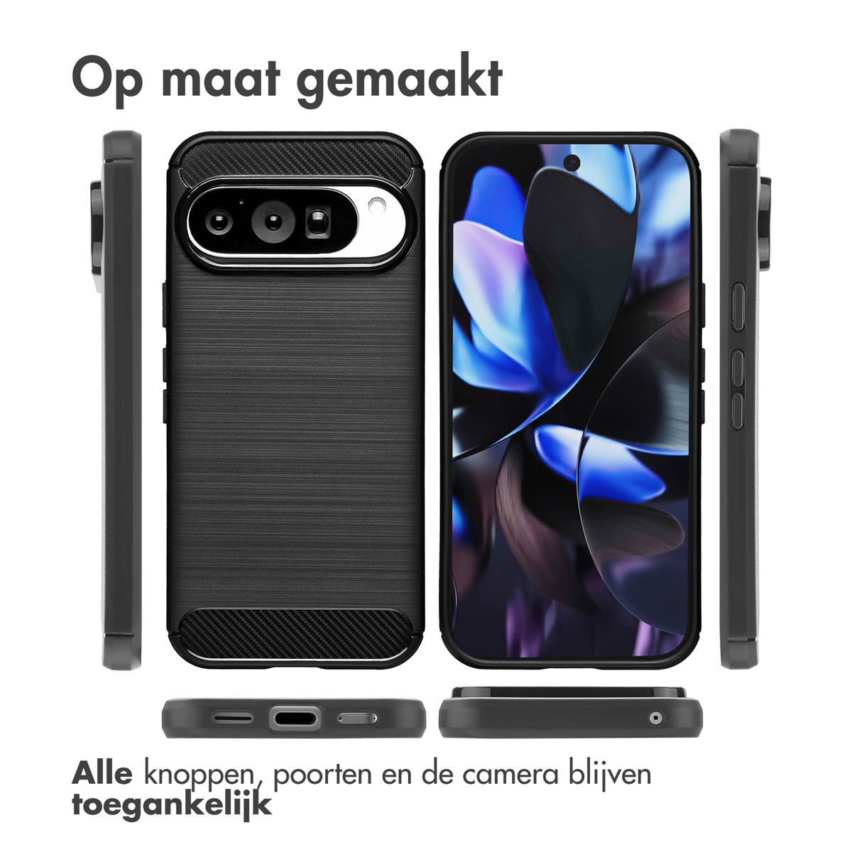 Custodia per telefono nera con schermo del telefono che mostra arte astratta blu e viste laterali. Testo: Op maat gemaakt, Alle knoppen, poorten en de camera blijven toegankelijk.