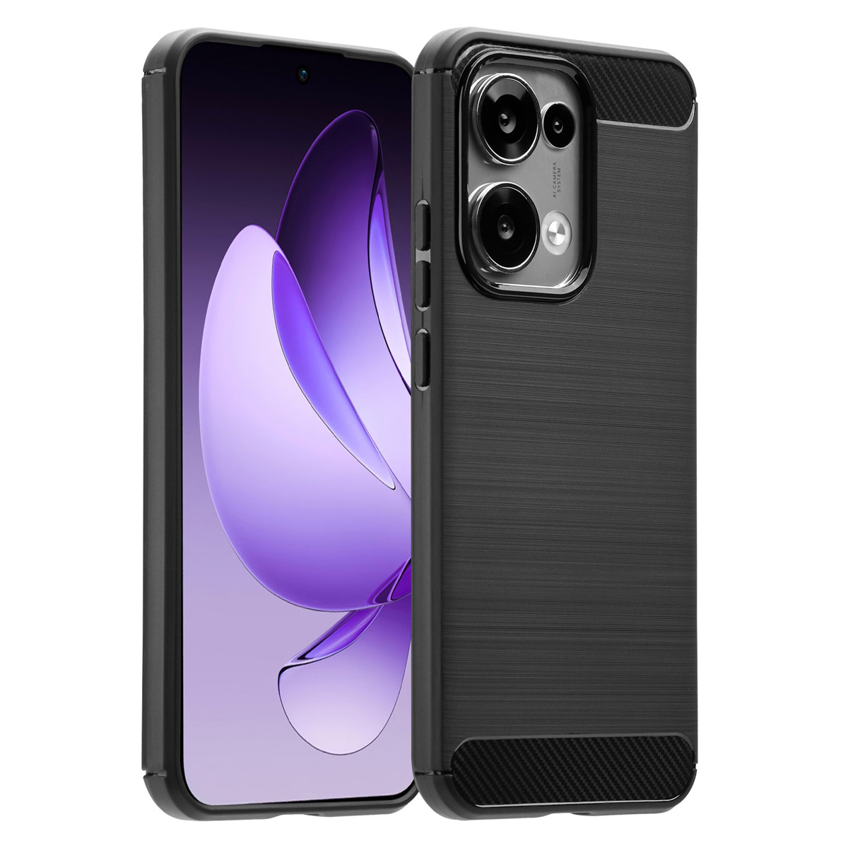 Una custodia nera per telefono con un telefono all'interno. Il telefono mostra un design astratto viola. La custodia ha ritagli per la fotocamera.