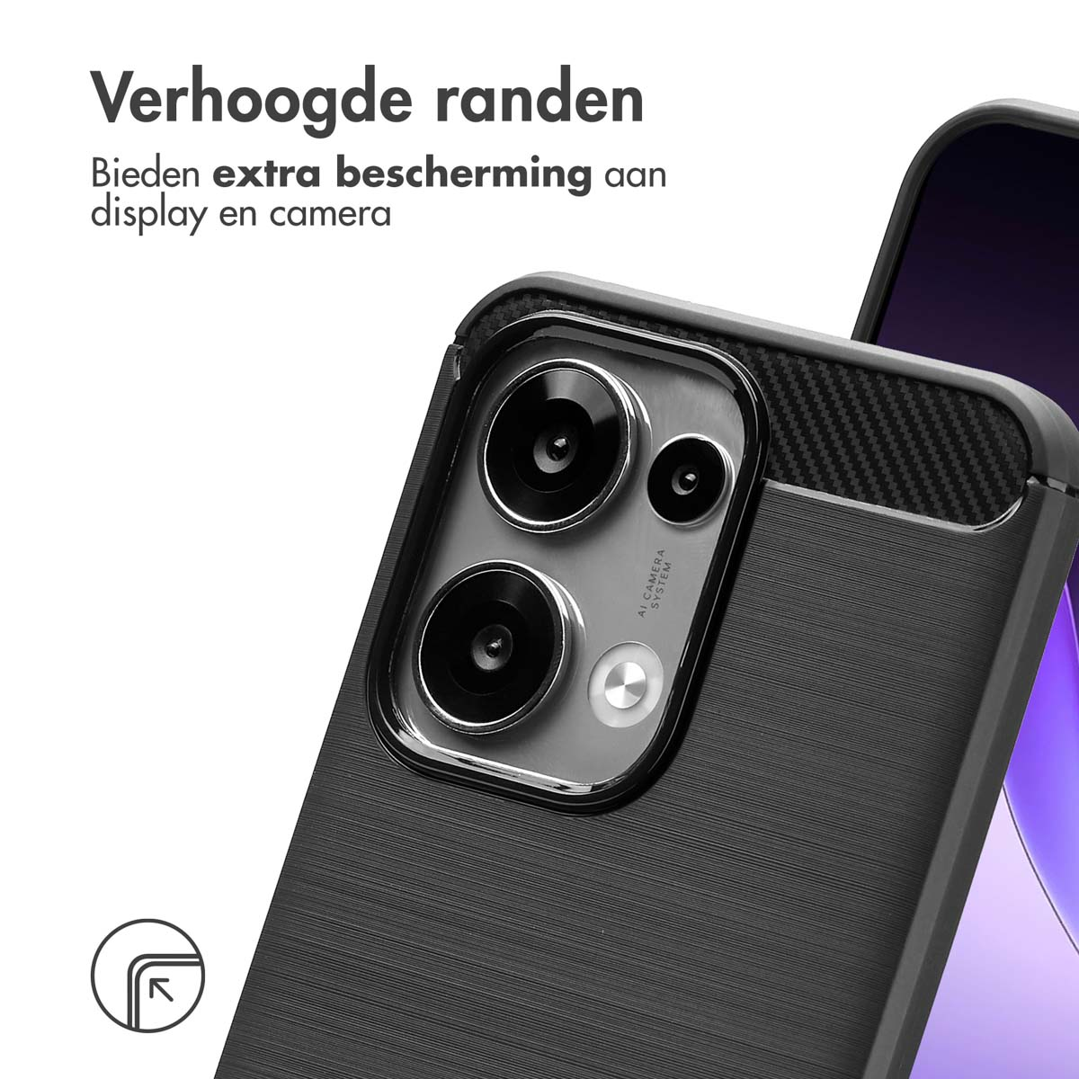 Custodia nera per telefono con bordi rialzati. Testo: Offre protezione extra per display e fotocamera. Fotocamera del telefono visibile.