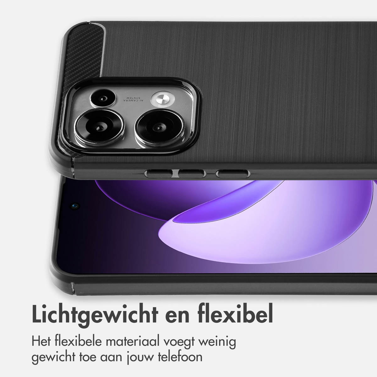 Una custodia per telefono con modulo fotocamera visibile. Lo schermo del telefono è viola. Il testo in basso dice 'Leggero e flessibile'.