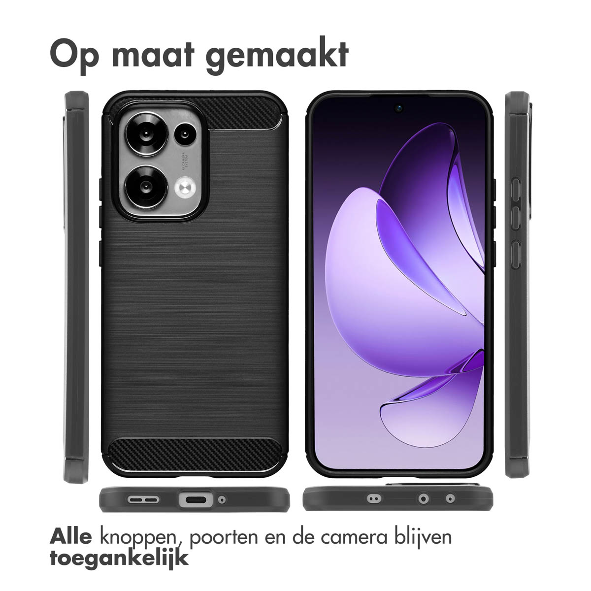 Custodia nera con telefono, testo in alto 'Op maat gemaakt', testo in basso 'Alle knoppen, poorten en de camera blijven toegankelijk'.
