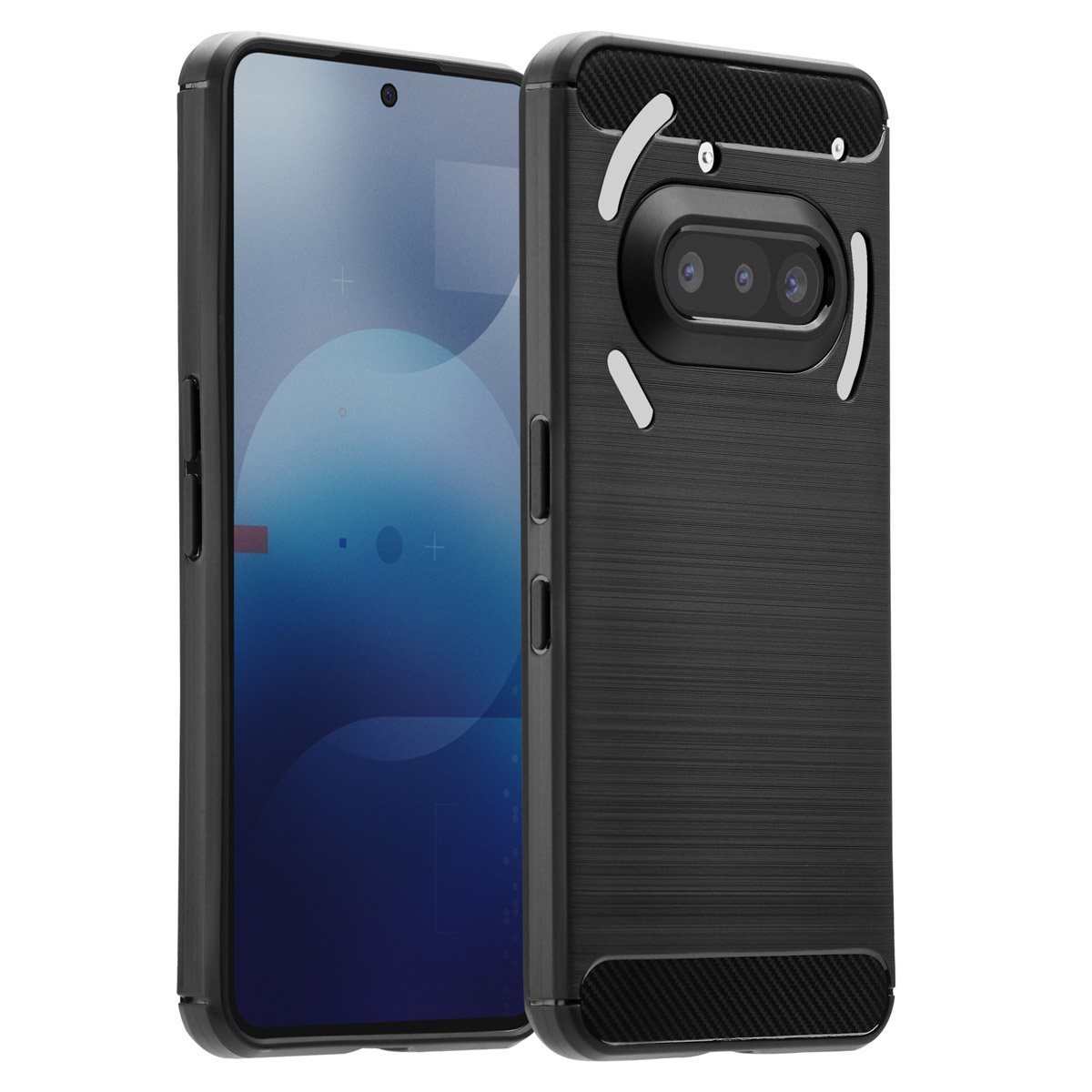 Zwarte telefoon in een beschermhoes. De hoes heeft een getextureerde achterkant en een uitsparing voor de camera. Het scherm is zichtbaar.