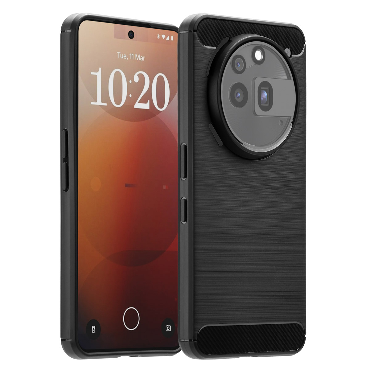 Twee zwarte smartphones. Eén toont datum en tijd, de andere heeft meerdere cameralenzen.