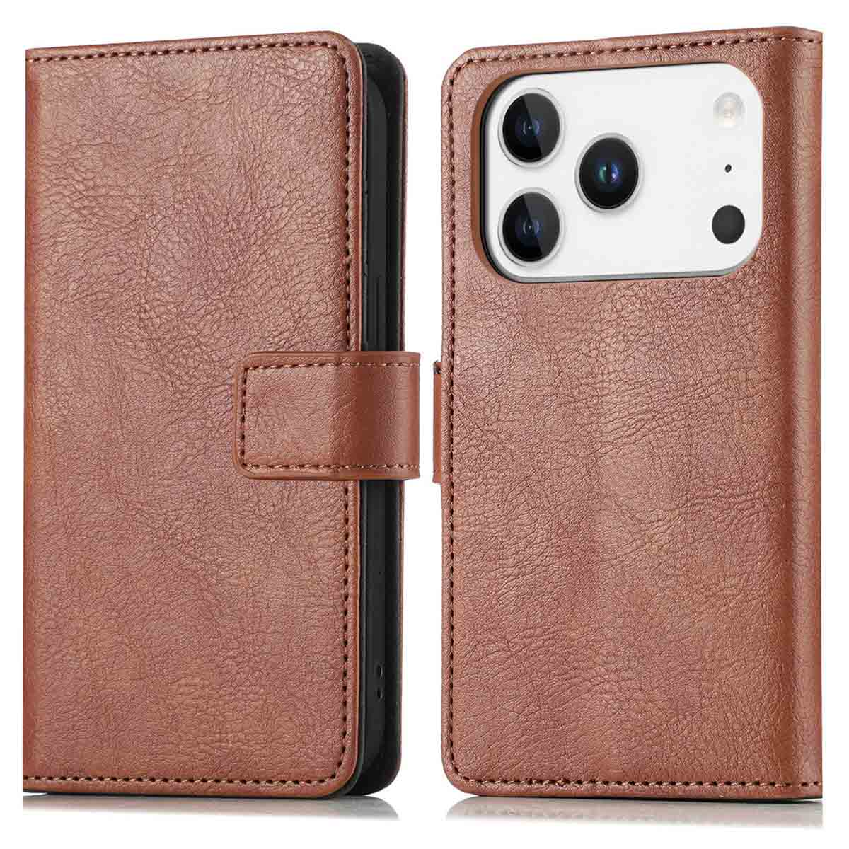 Un étui de téléphone en cuir marron, ouvert. Le côté gauche est fermé, le droit montre l'appareil photo.
