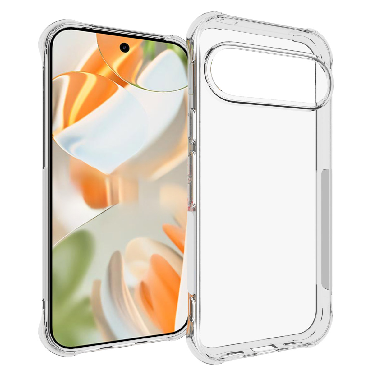 Uno smartphone con un design arancione e bianco sullo schermo è all'interno di una custodia trasparente, aperta lateralmente.
