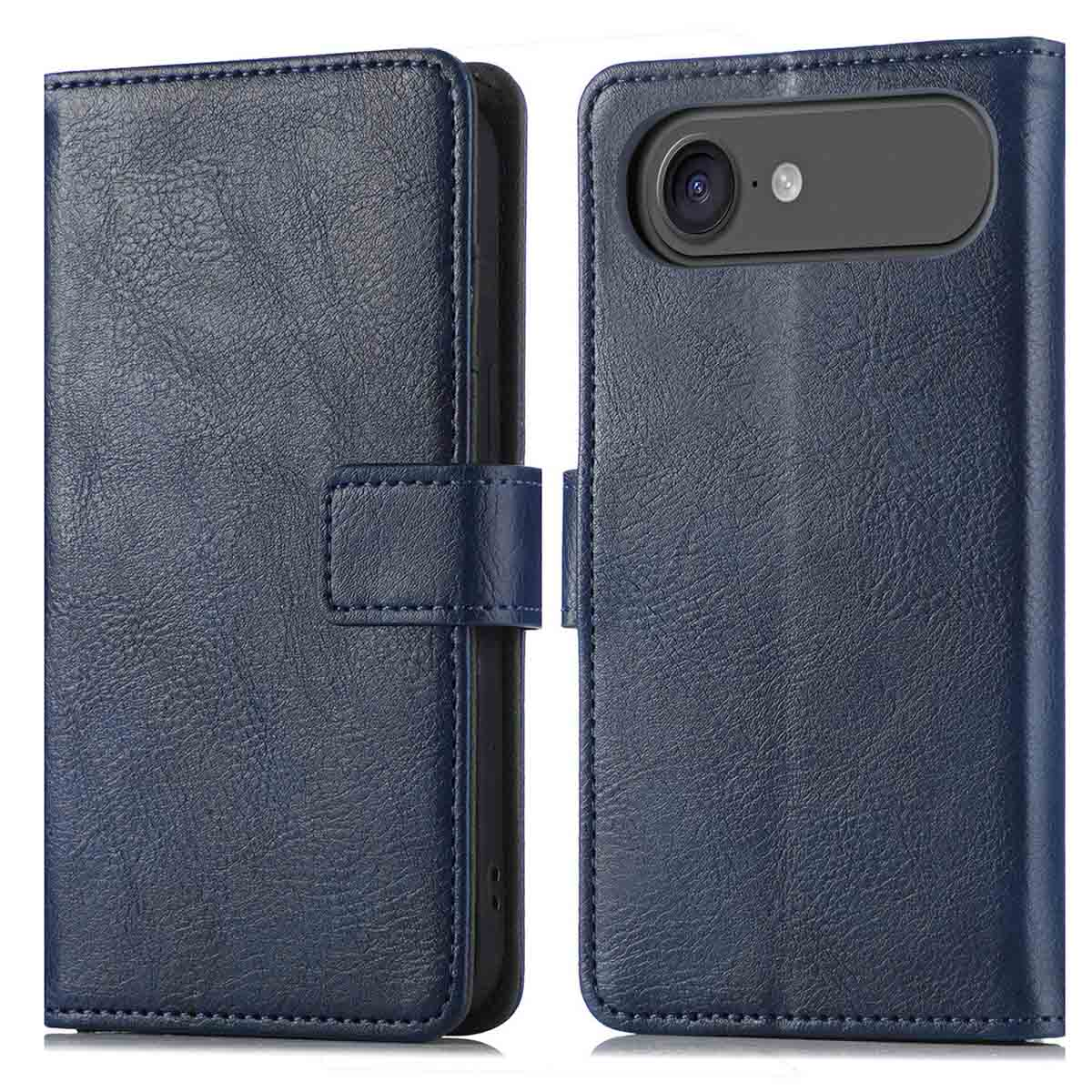 Een blauwe leren telefoonhoes, open. De linkerkant heeft een flap met magneetsluiting. De rechterkant houdt de telefoon vast.