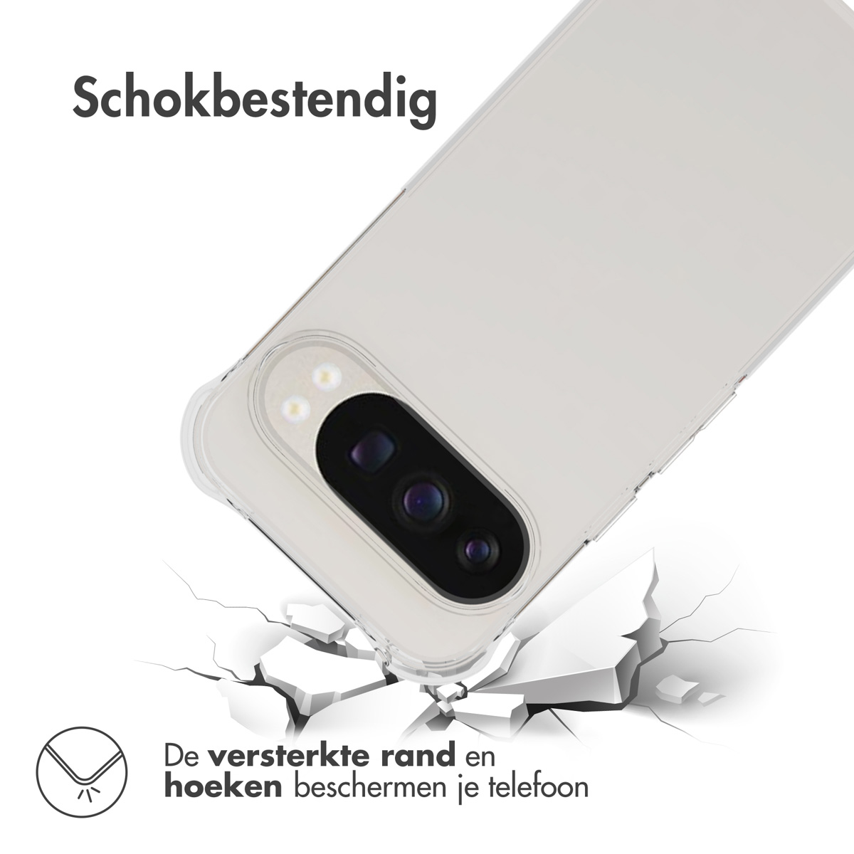 È mostrata una custodia per telefono con testo in olandese. La custodia sembra trasparente e protettiva, la fotocamera del telefono è visibile.