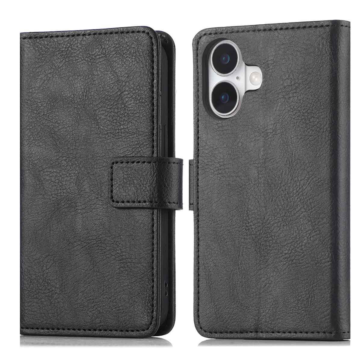 Étui de téléphone en cuir noir. La partie gauche est fermée, la droite a un téléphone avec double caméra. Un fermoir ferme l'étui.