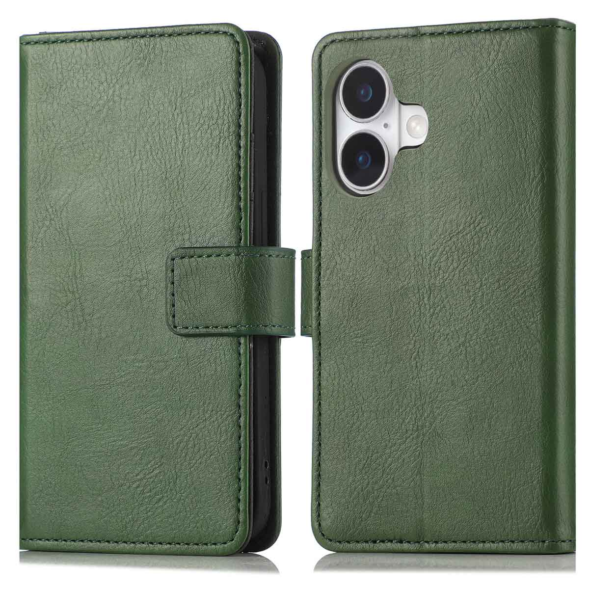 Groene leren telefoonhoes, open. Voorzien van een uitsparing voor de camera. De hoes sluit met een flap en een magnetische sluiting.