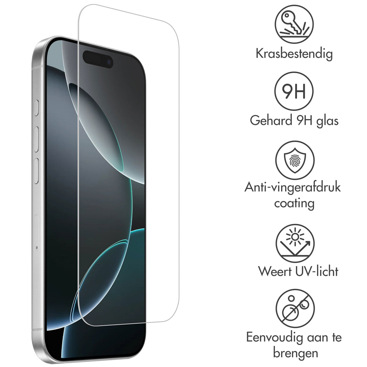 Un iPhone avec un protecteur d'écran. Le texte indique la résistance aux rayures, verre 9H, revêtement anti-traces, protection UV et application facile.