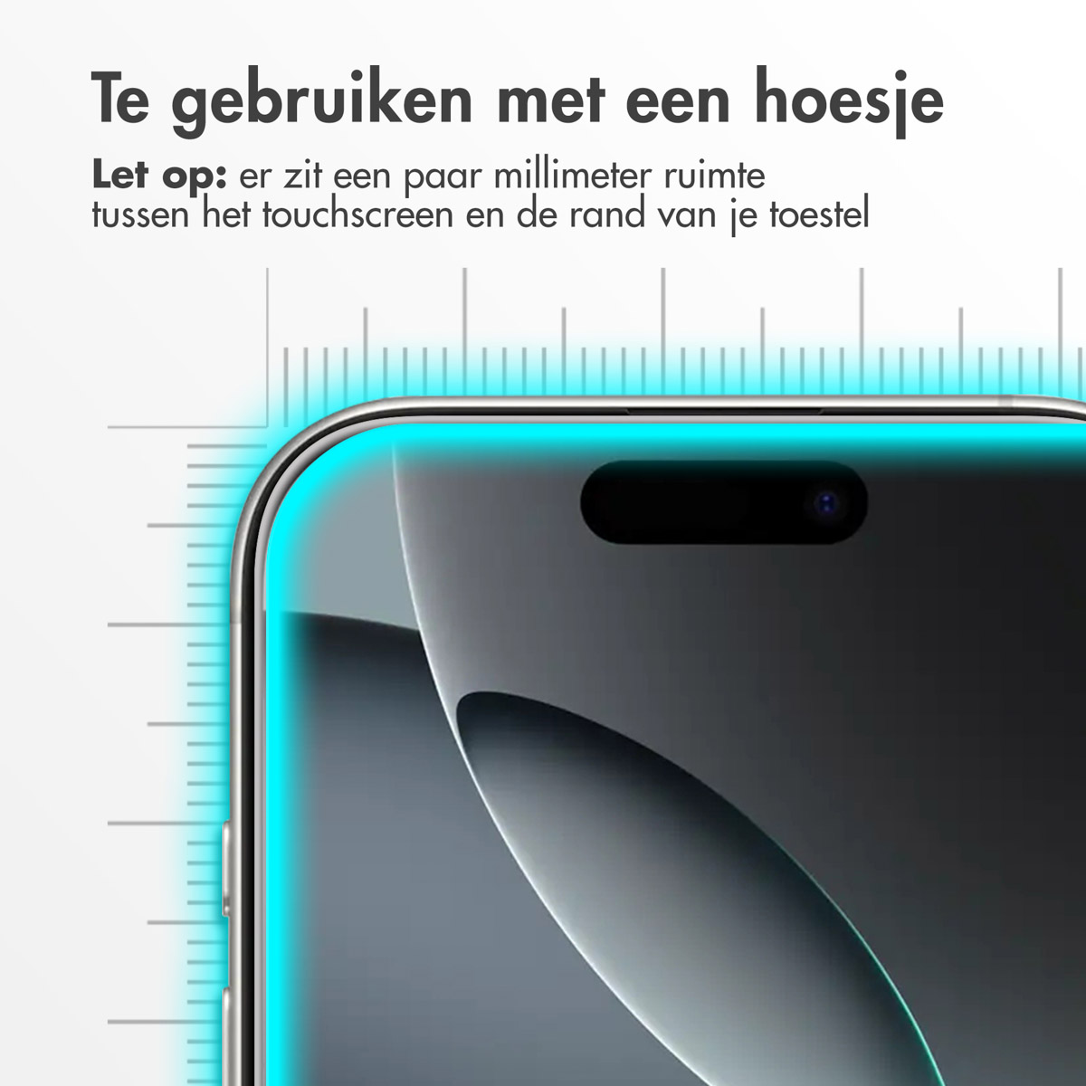 Un écran de téléphone avec une coque de protection. Le texte dit d'utiliser avec un étui. Une règle est sur le côté. L'écran est bleu.