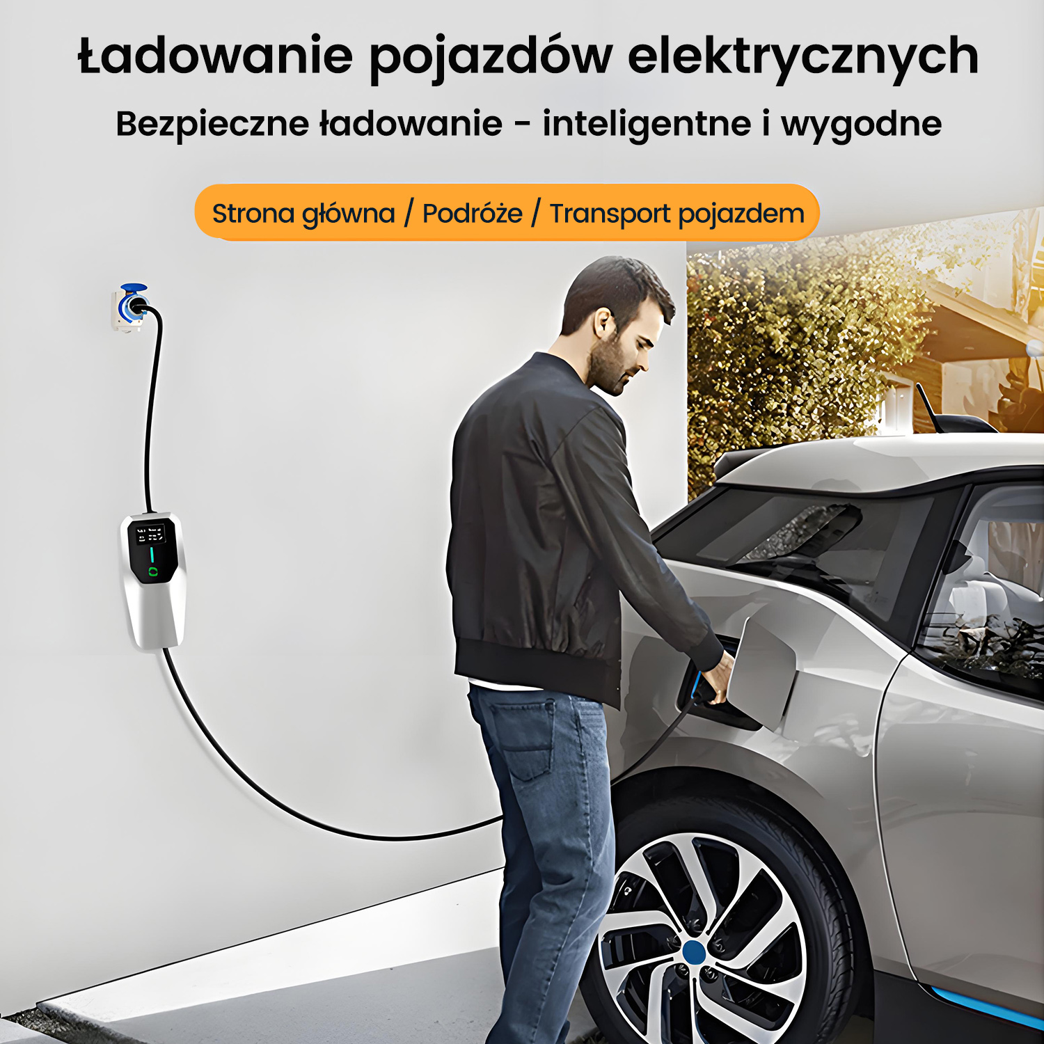 Mężczyzna ładuje samochód elektryczny. Stacja ładowania jest na ścianie. Samochód jest srebrny. Tło pokazuje rośliny i dom.