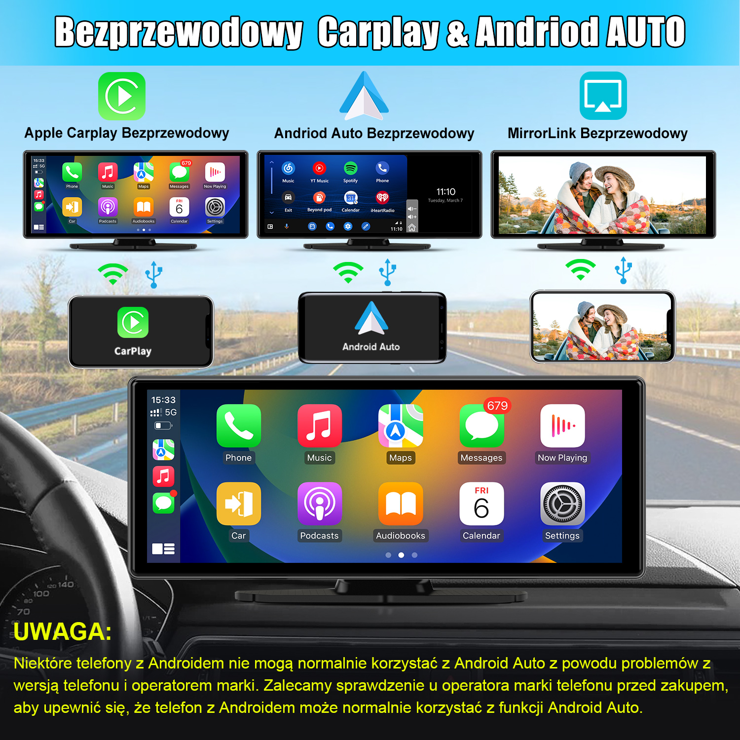 Wyświetlacz samochodowy z Apple CarPlay, Android Auto i MirrorLink. Pokazuje ikony, godzinę i funkcje telefonu.