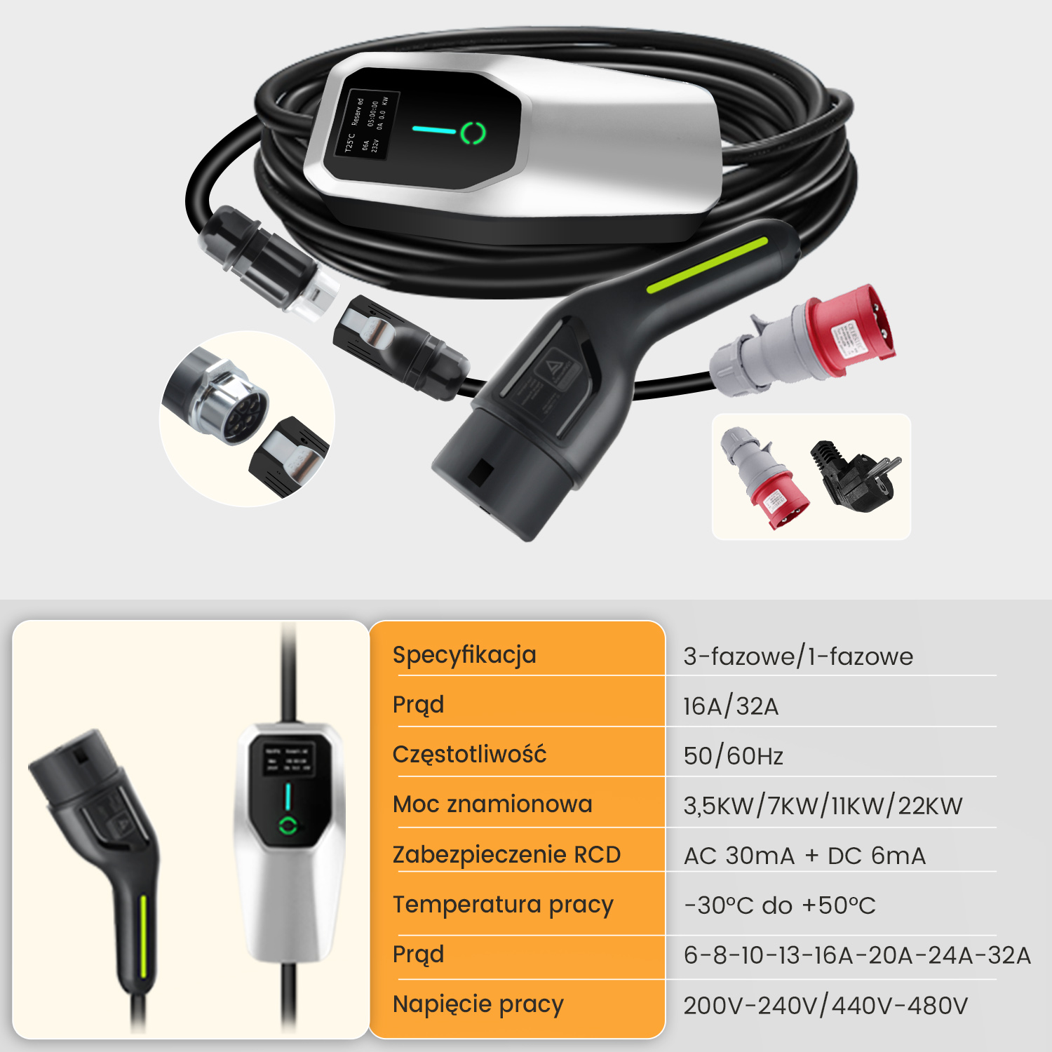 Ładowarka EV z wieloma wtyczkami i wyświetlaczem pokazującym szczegóły zasilania. Tabela specyfikacji pokazuje szczegóły elektryczne.