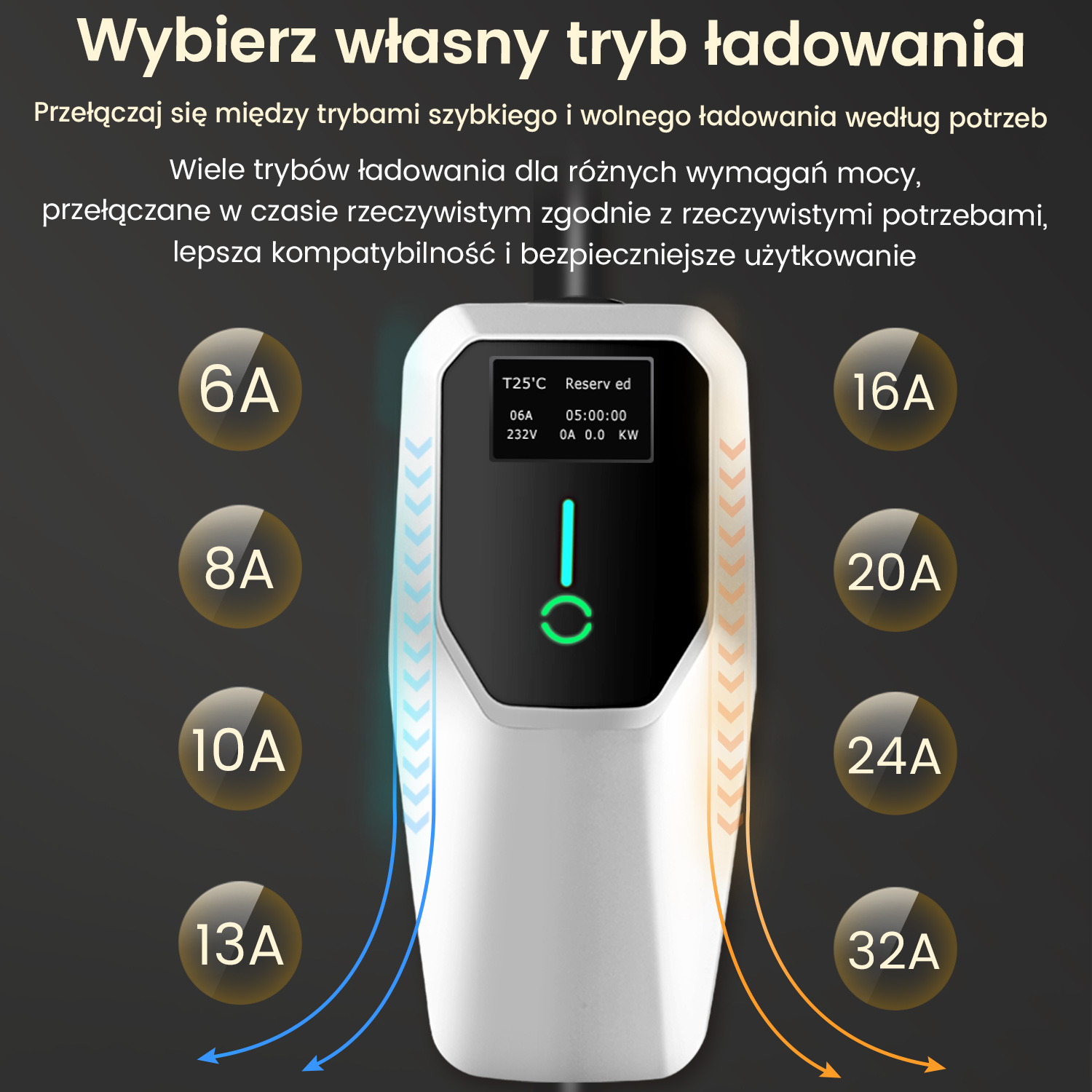 Interfejs stacji ładowania. Przyciski pokazują opcje natężenia: 6A, 8A, 10A, 13A, 16A, 20A, 24A, 32A. Wyświetlacz statusu ładowania.