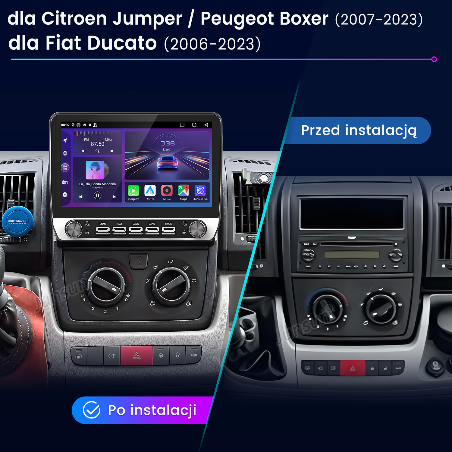 Porównanie deski rozdzielczej samochodu przed i po zainstalowaniu nowego systemu multimedialnego. Zainstalowany system pokazuje prędkość 36 km/h.