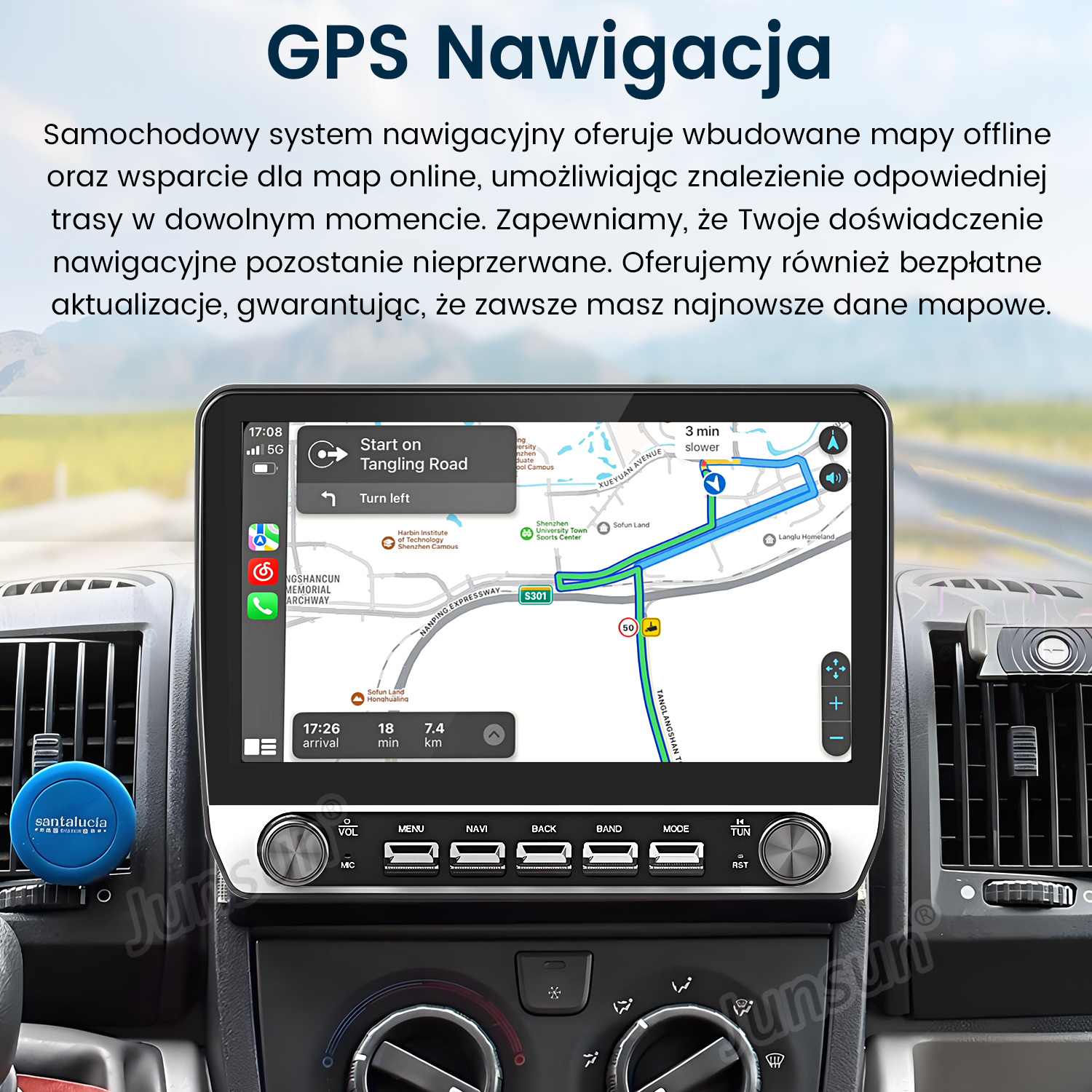 Ekran nawigacji GPS na desce rozdzielczej samochodu pokazujący mapę trasy z niebieskimi i zielonymi liniami. Widoczny wylot powietrza i niebieski obiekt.