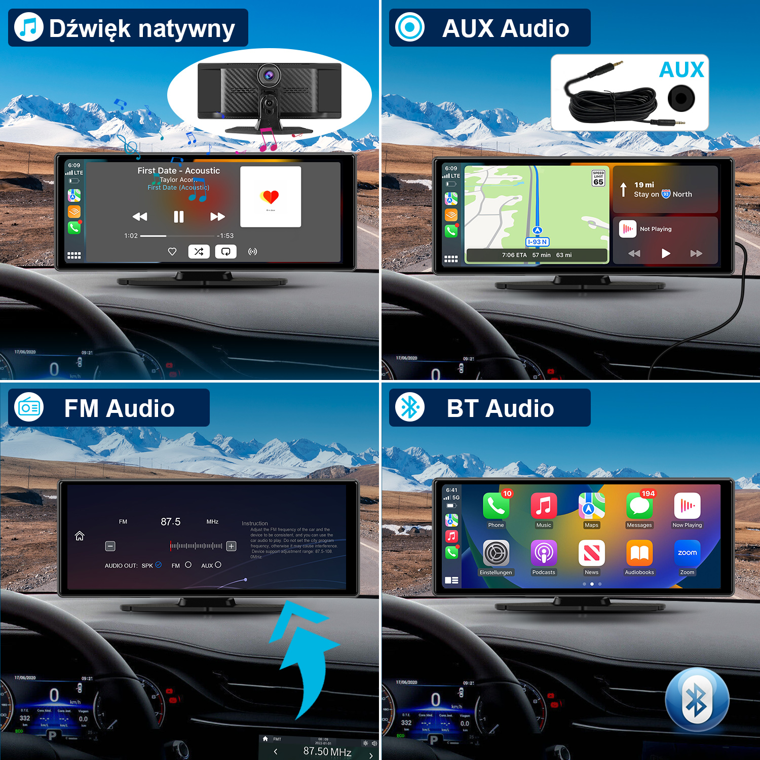 Deska rozdzielcza samochodu wyświetla muzykę i nawigację. Pokazano głośnik, kabel i ikonę Bluetooth.