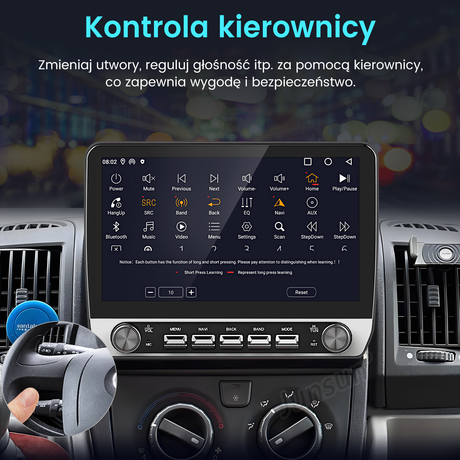 System multimedialny samochodu z ekranem dotykowym, pokazuje opcje menu. Sterowanie kierownicą na pierwszym planie, deska rozdzielcza w tle.