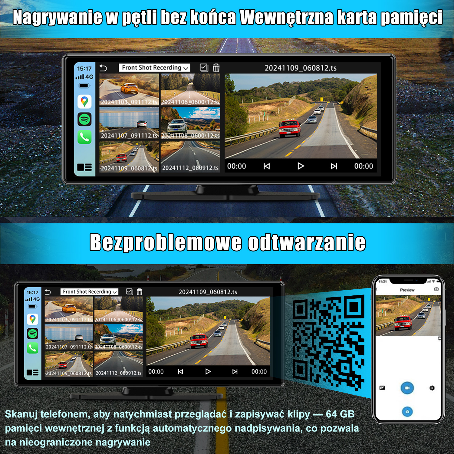 Ekran deski rozdzielczej samochodu wyświetla wideo z drogi. Poniżej ekran telefonu z tym samym wideo. Kod QR na środku.