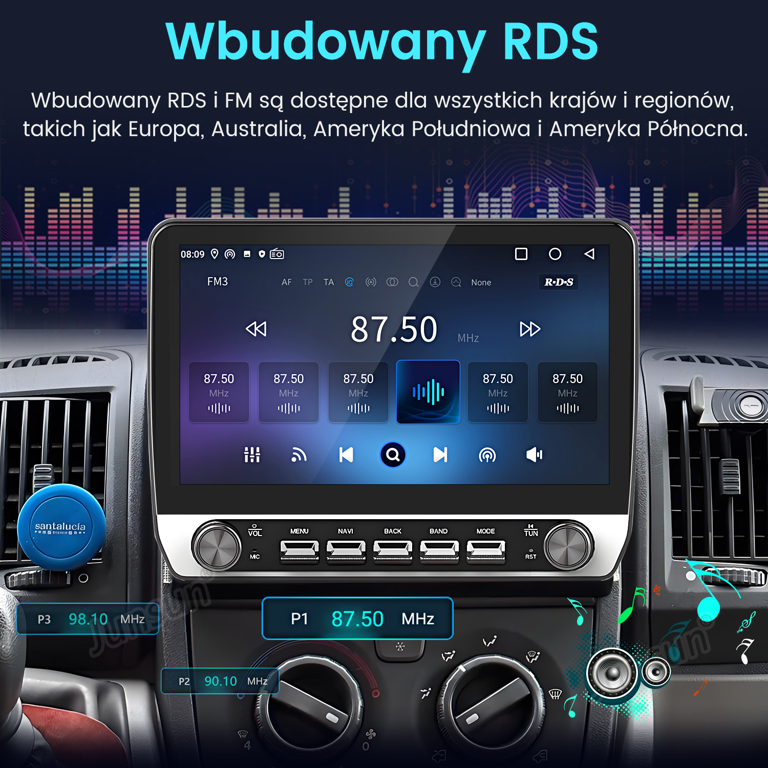 Interfejs radia samochodowego wyświetlający częstotliwość radia FM. Pokazuje przyciski, ekran i pokrętła sterowania. Tekst u góry mówi RDS.