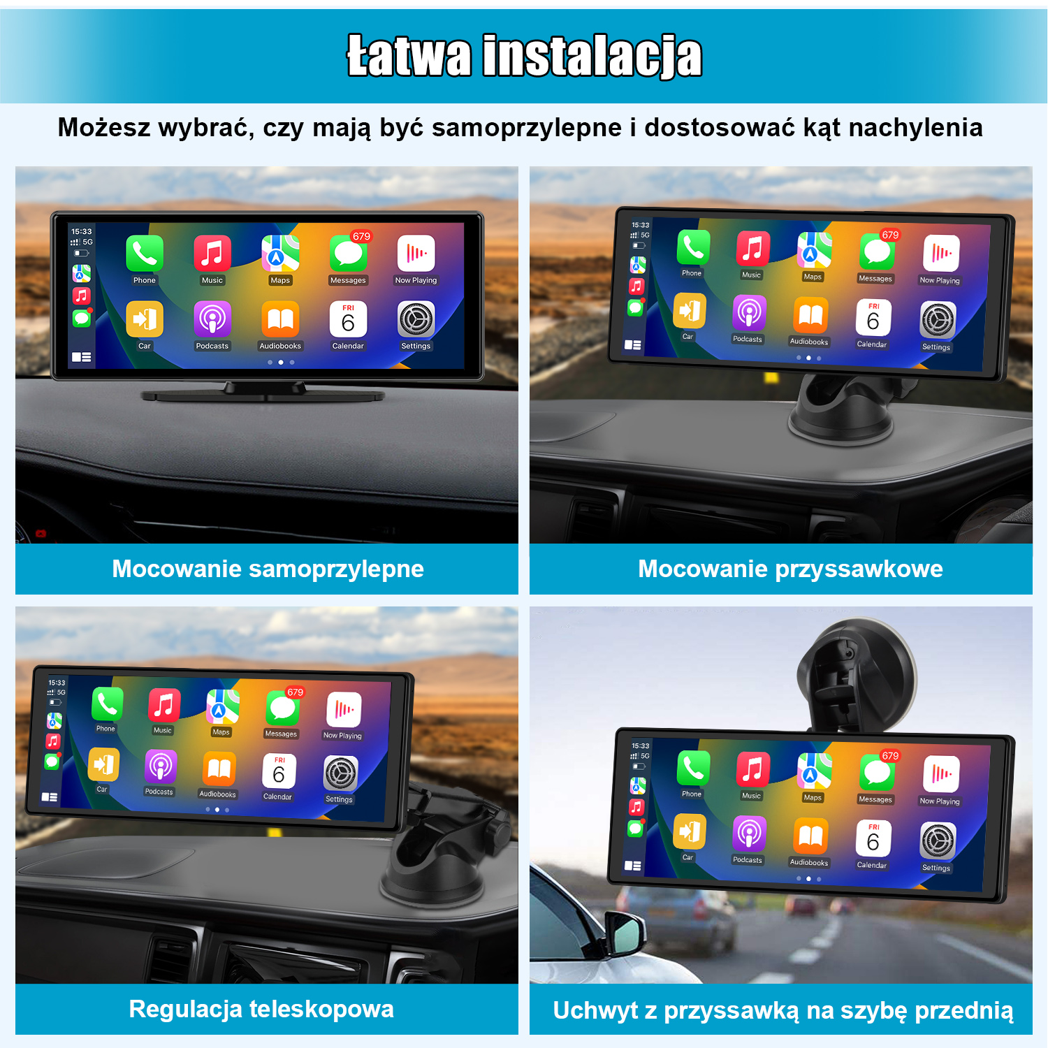 Ekran samochodowy wyświetla aplikacje, zamontowane na różne sposoby: klej, przyssawka i teleskopowy. Tekst po polsku.