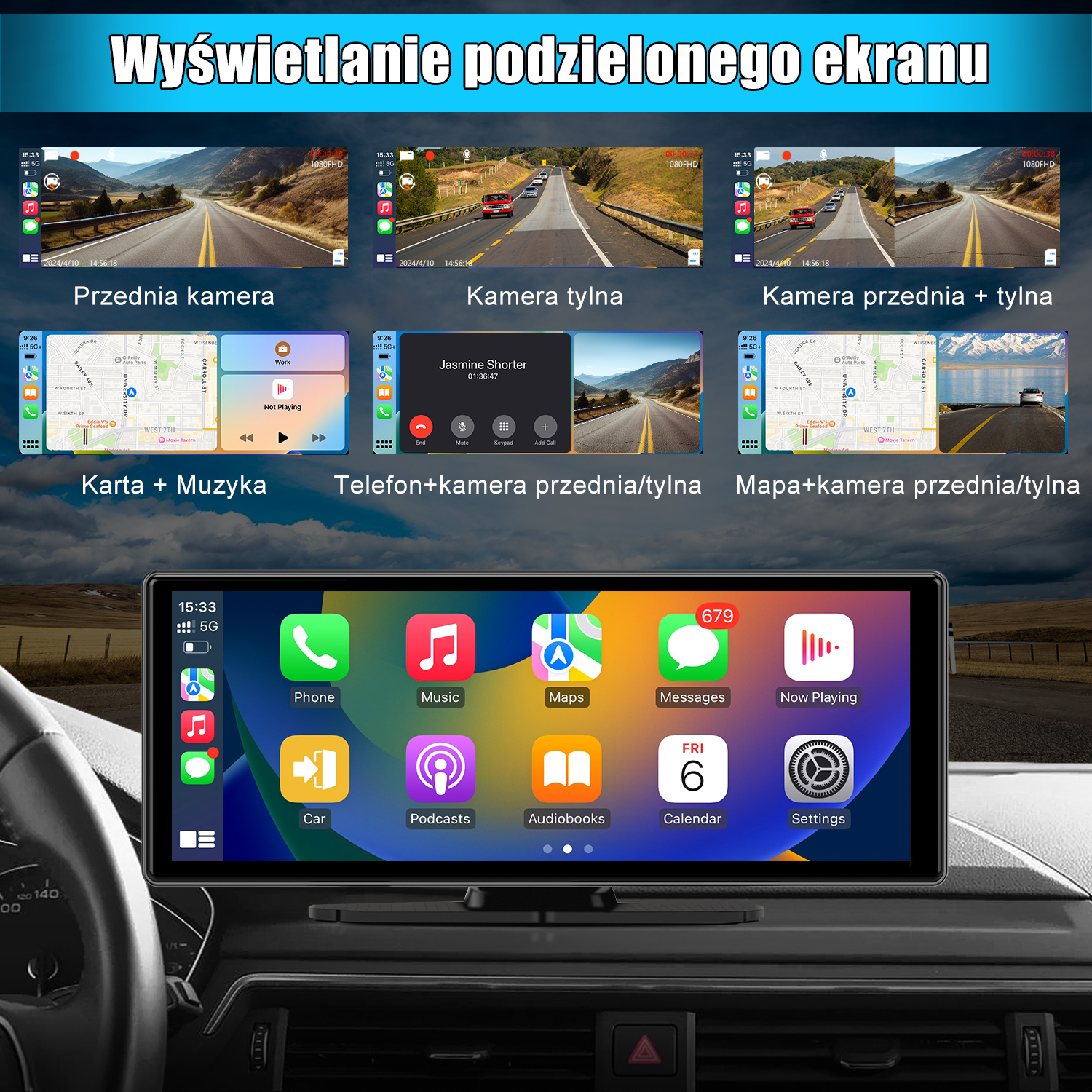 Deska rozdzielcza samochodu wyświetla wiele ekranów: nawigację, rozmowę telefoniczną i widoki z kamery. Widoczne są ikony aplikacji, takich jak telefon, muzyka i mapy.