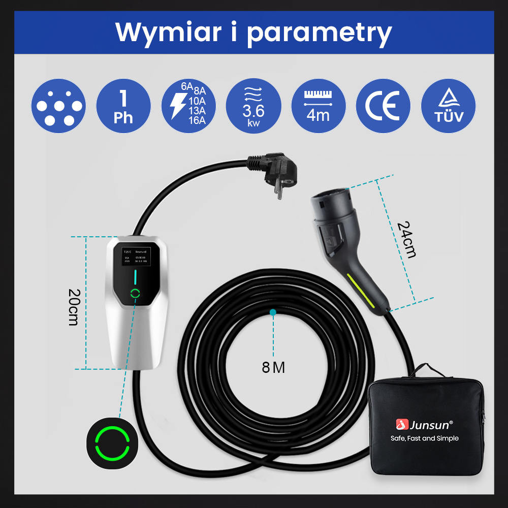 Ładowarka do pojazdów elektrycznych z kablem, panelem sterowania i torbą do przechowywania. Wyświetlane są również wymiary i specyfikacje techniczne.