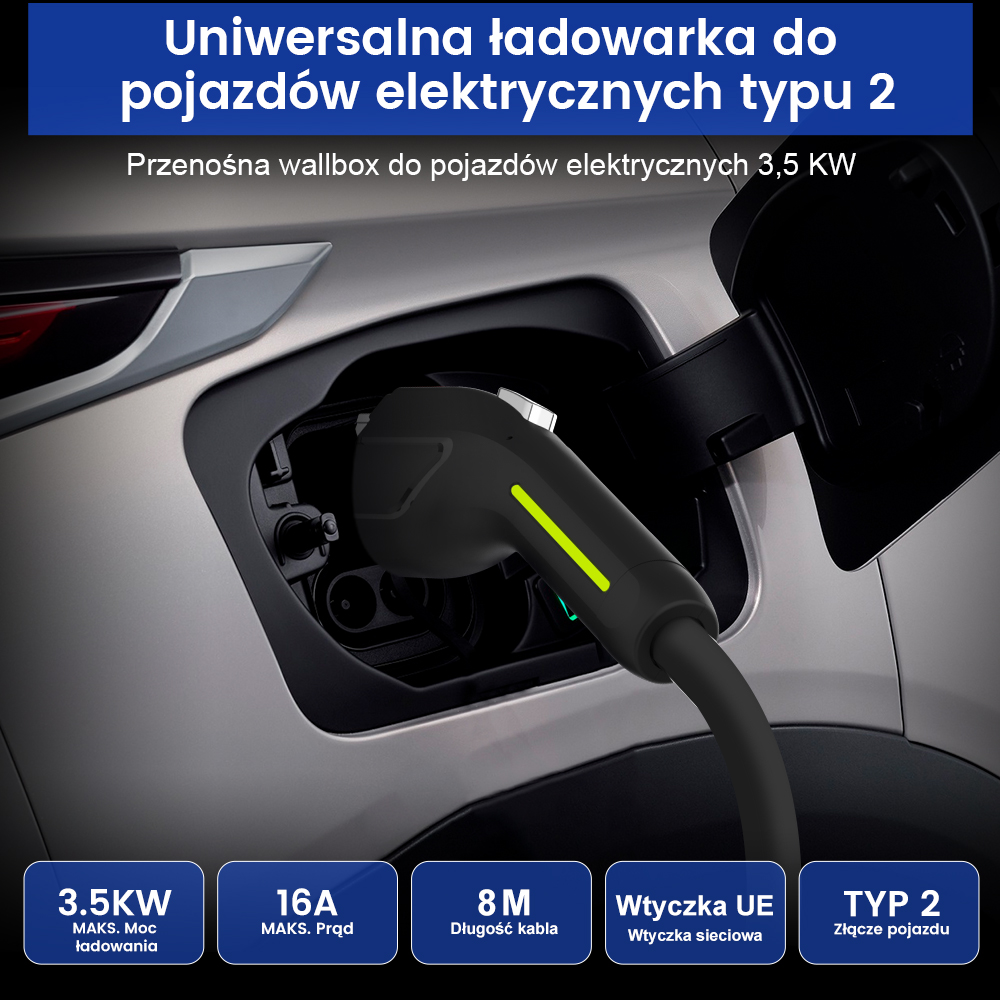 Samochód elektryczny ładujący się czarnym kablem. Kabel jest podłączony. Tekst na dole pokazuje specyfikacje ładowania.
