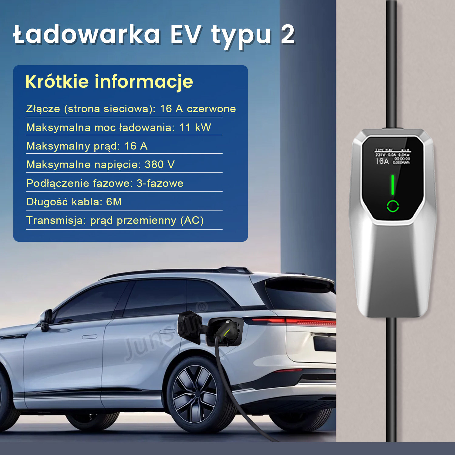 Samochód elektryczny ładujący się ładowarką typu 2. Informacje są wyświetlane na ekranie, obecne jest niebieskie okno informacyjne.