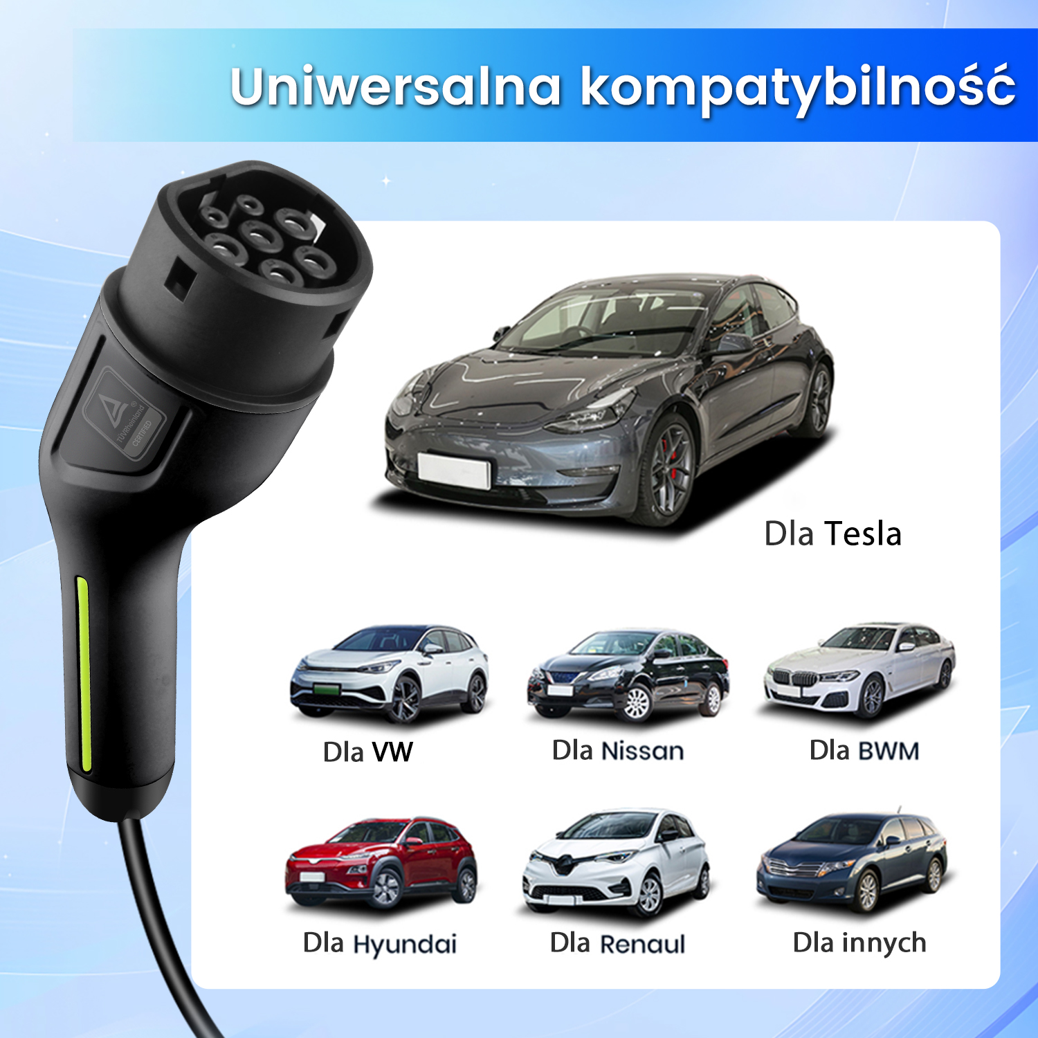Obraz przedstawia złącze ładowania i kilka modeli samochodów: Tesla, VW, Nissan, BWM, Hyundai, Renault i inne.