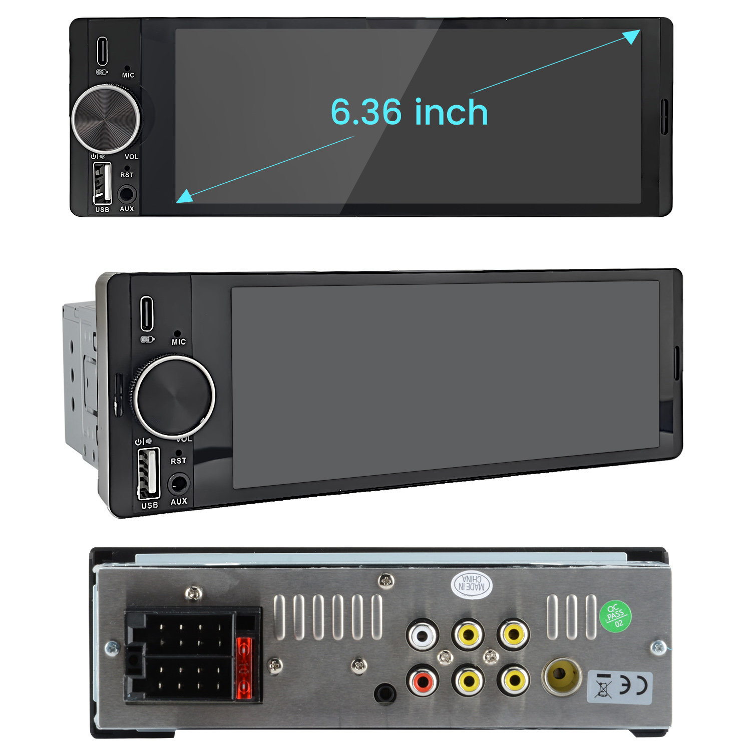 Radio samochodowe z ekranem 6,36 cala, przyciskami i portami. Tył ma złącza i naklejkę. Jest czarny i srebrny.