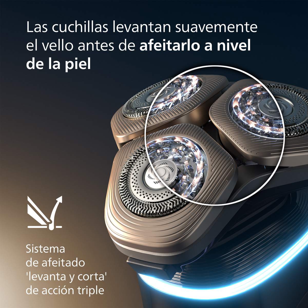 Zbliżenie głowicy golarki. Ostrza delikatnie podnoszą włosy przed goleniem na poziomie skóry. Tekst wskazuje potrójne działanie.
