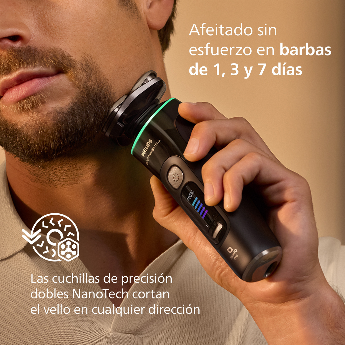 Mężczyzna goli się golarką Philips. Golarza jest czarna z zielonym światłem. Tekst mówi, że goli 1, 3 i 7-dniowe brody.
