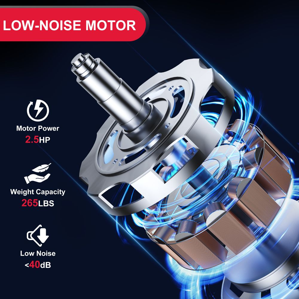 Obraz przedstawiający silnik o niskim poziomie hałasu ze szczegółami dotyczącymi mocy, udźwigu i poziomu hałasu. Silnik jest wyświetlany w stylu technicznym.