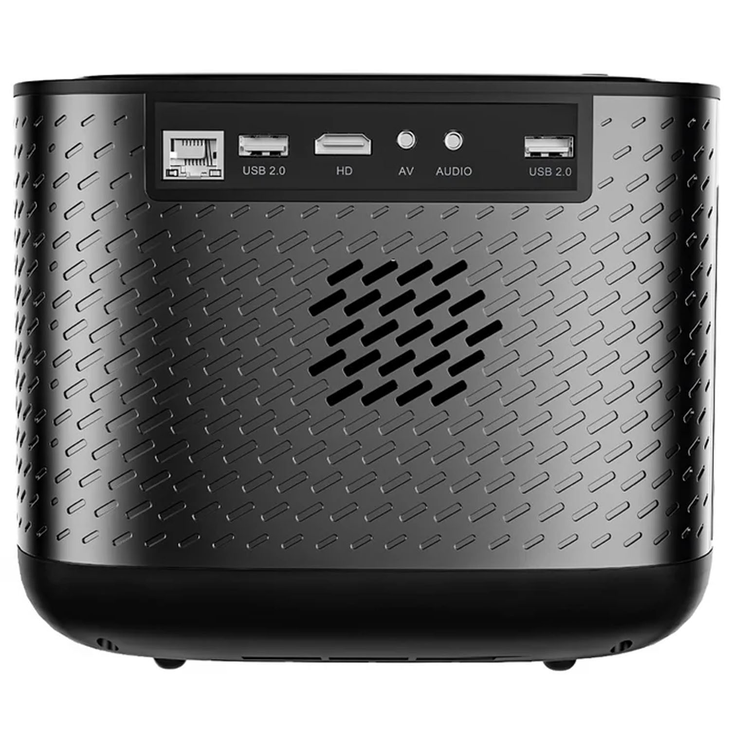 Czarny projektor z wieloma portami wejściowymi. Posiada porty USB, HDMI, AV i audio. Obudowa ma teksturowany wzór.