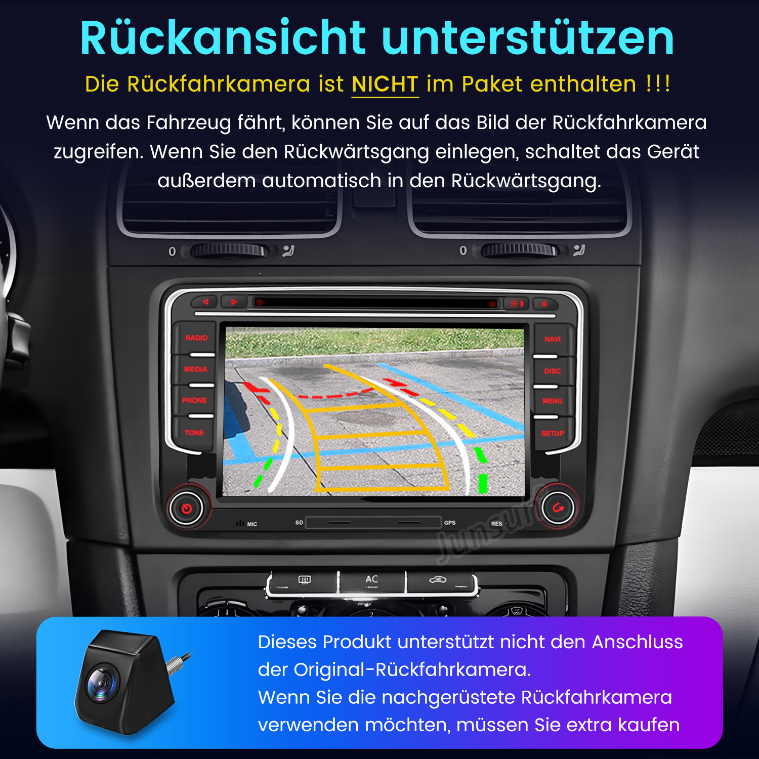 Auto-Armaturenbrett mit Rückfahrkamera-Ansicht. Eine separate Kamera wird gezeigt. Text erklärt Produktmerkmale und Einschränkungen.