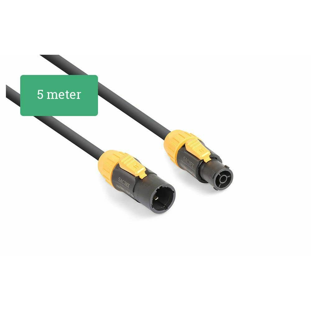 Dos cables de audio negros con extremos amarillos. Una caja verde indica '5 metros'. Fondo blanco.